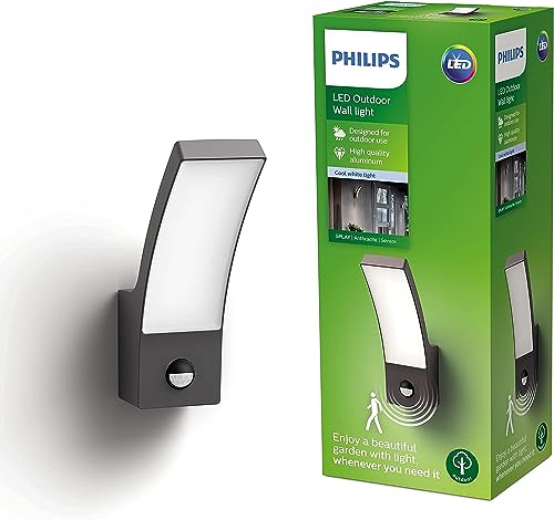 Philips Led Splay Lampada A Parete A Led Integrato Con Sensore Di Movimento, Ip44, Luce Bianca Fredda, Antracite