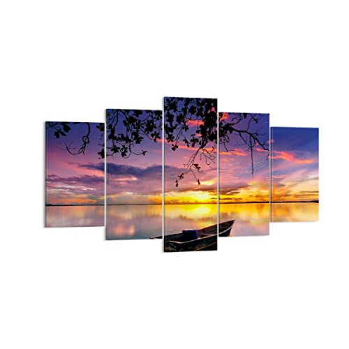 Quadri Moderni Soggiorno Barca Tramonto Lago Cielo Quadro Su Tela 160X85Cm Stampe Da Parete Camera Da Letto Cucina Set 5 Pezzi Wall Art Canvas Grandi