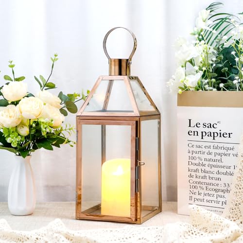 Jhy Design Lanterne Decorative In Oro Rosa Lanterne A Candela In Acciaio Inossidabile Alte 34 Cm Con Vetro Temperato Per Interni, Eventi, Feste E Matr