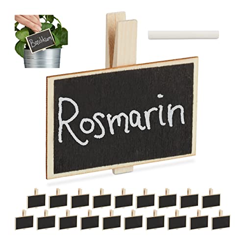 Relaxdays Lavagnette Segnaposto, 20 Mini Targhette Per Piante, Riutilizzabili, Con Gessetto, Legno, Naturale/Nero, Set Da 1, Unità