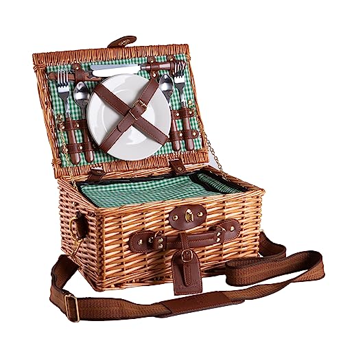 Egenuss Cestino Da Picnic In Vimini Per 2 Persone Con Tracolla Rimovibile, Scomparto Frigo E Accessori Inclusi | Verde