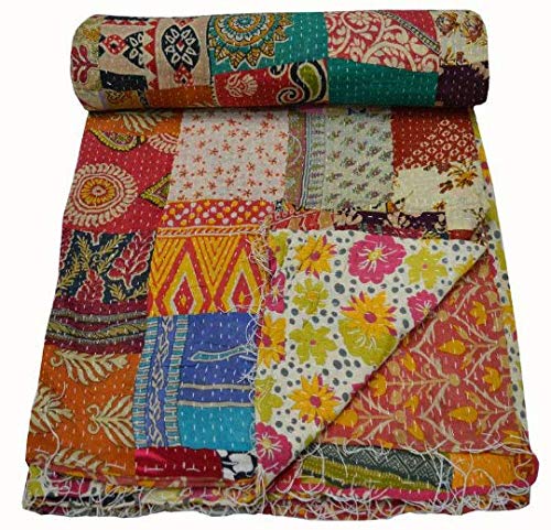 Estationeryhouse Trapunta Kantha Vintage Indiana Patchwork Fatto A Mano Coperta Reversibile Copriletto In Tessuto Di Cotone Bohemian Trapunta (85X55 I