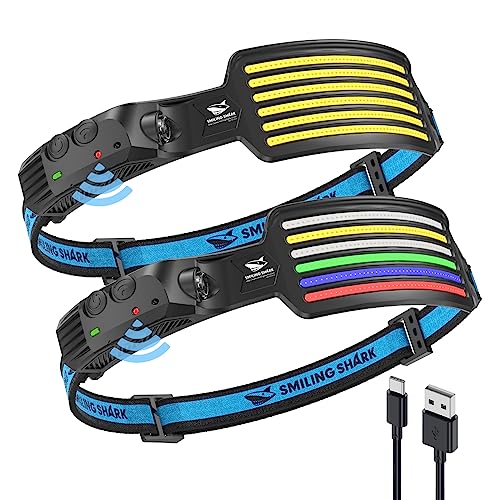 Smiling Shark Torcia Frontale Led, 2 Pack 6*Strisce Luce Luminose Bianche Rosso Blu Verde Brillante Lampada Frontal Ricaricabile Impermeabile Campeggi