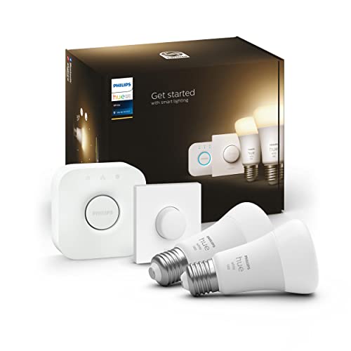 Philips Hue White Starter Kit Con 2 Lampadine, Bluetooh, Dimmerabili, E27 + Hue Bridge + 1 Telecomando Hue Smart Button, Bianco