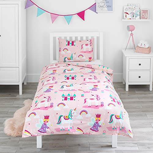 Bloomsbury Mill – Set Copripiumino Singolo Unicorno, Principessa E Arcobaleni - Lenzuola Letto Singolo Reversibile Per Ragazee – Rosa - Set Di Bianche