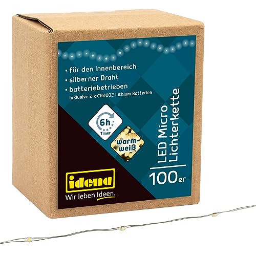 Idena 30185 - Micro Catena Luminosa A Led Con 100 Led In Bianco Caldo, Con Funzione Timer 6 Ore, A Batteria, Lunga Circa 10,2 M, Per Feste, Natale, De