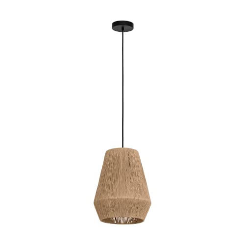 Eglo Lampada A Sospensione Alderney, Luce Sospesa Per Soggiorno E Sala Da Pranzo, Lampada In Tessuto, In Canapa Naturale E Metallo In Nero, Attacco La