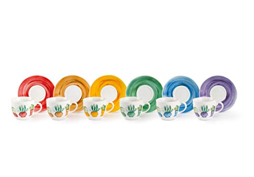 Excelsa Cactus Set 6 Tazzine Caffè Con Piattino, Porcellana, Multicolore