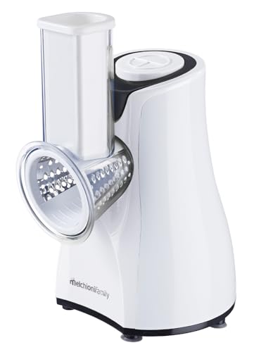 Melchioni Family 118420212 Grattugia Elettrica Taz, 5 Diverse Lame Intercambiabili, Pulsante A Pressione, Imboccatura Trasparente, 200W, Acciaio E Pla