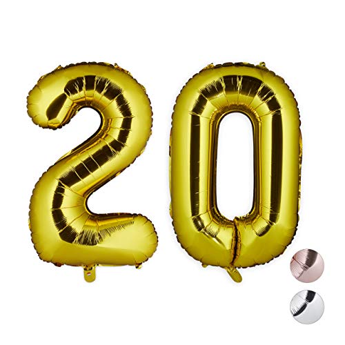 Relaxdays Palloncini Giganti In Foil Con Numero 20 Per Compleanni Anniversari, Xxl, Pellicola, Gold, H X B X T: Ca. 85 X 50 X 17 Cm