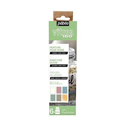 Pebeo Vitrea 160 Principianti-Set Per Pittura Su Vetro-Assortimento Colori Pastello 6 Flaconi Da 20 Ml-Bianco Velato + Rosa Blu Verde Talpa Chiaro + O