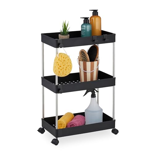 Relaxdays Mobile Salvaspazio, Scaffale Su Ruote Con 3 Ripiani, Carrello Per Bagno E Cucina, 62 X 41,5 X 23,5 Cm, Nero, Plastica, Acciaio Inox