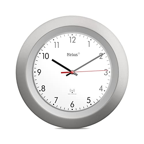 Mebus Funk-Wanduhr/Klassisches Model/Silberner Rahmen/Weißes Zifferblatt / 29Cm Durchmesser/Rund/Funkuhr (Dcf77) / Modell: 19448 / Farbe: Silber, Weiß