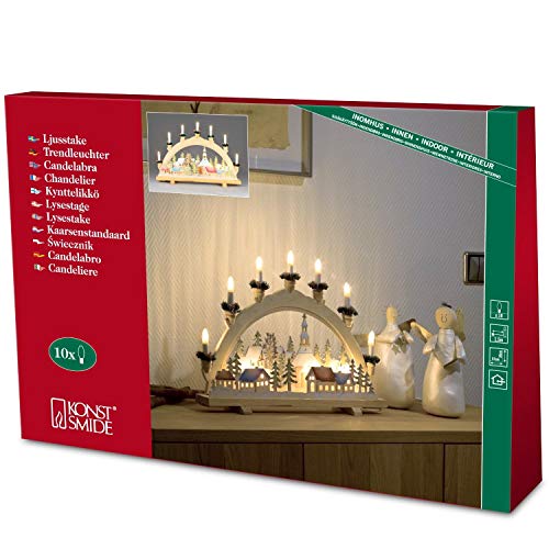 Konstsmide 2141-154 Candelabro Di Legno Con Motivo Paesaggio Invernale, 10 Lampadine Trasparenti, Da Interni, 230 V, Colore Ecru