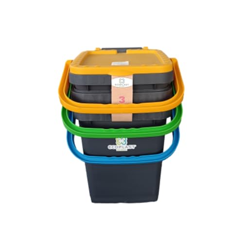Ecoplast | Tris Di Pattumiere Per Raccolta Differenziata 20 Lt, Colori Assortiti Giallo/Verde/Blu, 34,5X34,5X34,5, Made In Italy