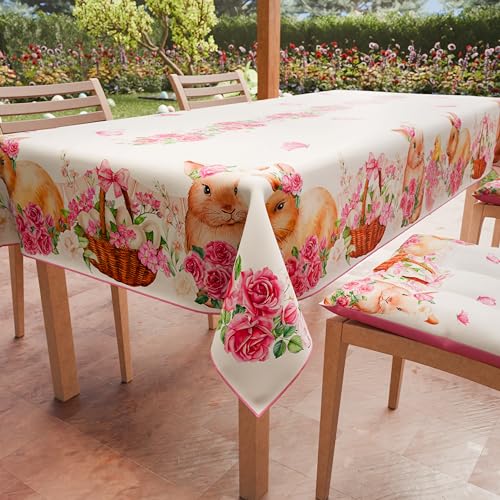 Petti Artigiani Italiani - Tovaglia Pasqua Antimacchia Rettangolare Copritavolo Pasquale Cucina Disegno Pink Bunnys X6 Posti (140X180 Cm) 100% Made In