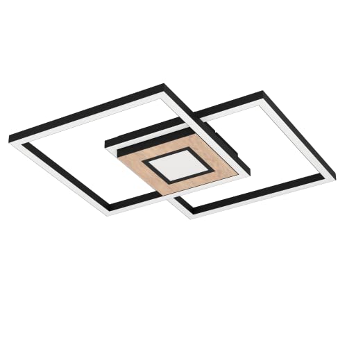 Eglo Led Plafoniera Marinello, Lampada Da Soffitto A Tre Luci, Con Telecomando, Dimmerabile, In Metallo, Legno, Plastica In Nero, Marrone E Bianco