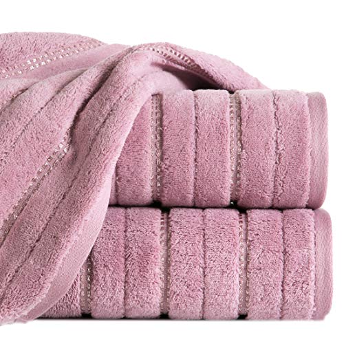Eurofirany Ikar Set Di 3 Asciugamani In Cotone Con Bordo In Velluto A Strisce, Morbidi, Spessi, Cipria, 70 X 140 Cm