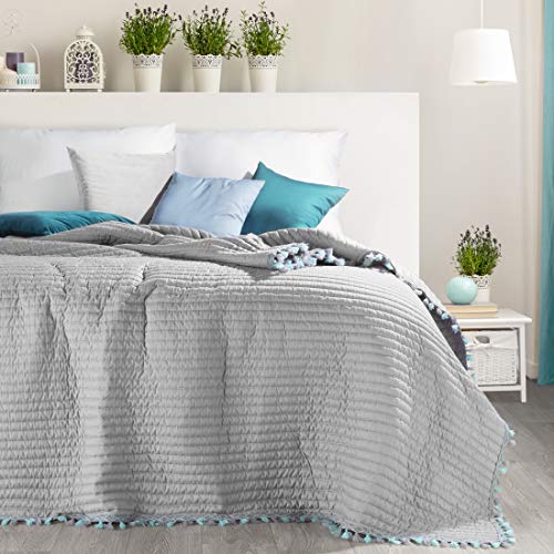 Eurofirany Copriletto Trapuntato 170 X 210 Cm 220 X 240 Cm Kendal, Grigio E Blu Menta, Con Frange (Argento, 170 X 210 Cm), In Plastica