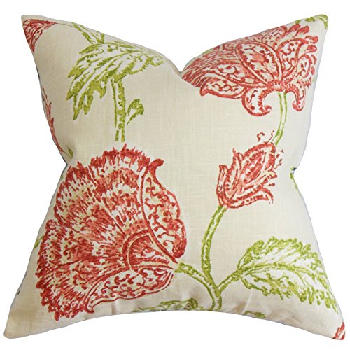 The Pillow Collection Behati-Federa Per Cuscino, Motivo Floreale, Colore, Lino, Rosa Naturale/Rosso, 8805 X 8805 X 3078 Cm