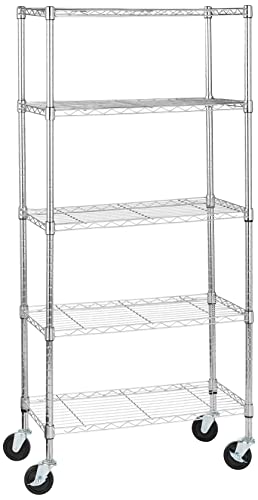 Amazon Basics Scaffalatura A 5 Ripiani, Su Rotelle, Cromo, 36 D X 76 W X 164 H Cm