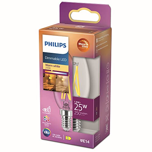 Philips Led Lampadina Candle & Lustre, Oliva, Filamento, Warmglow, 2.5-25W, Dimmerabile, E14, 1 Pezzo