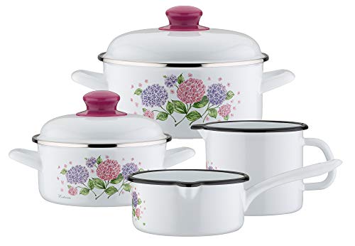 Gsw 189972 - Set Di 6 Pentole In Acciaio Smaltato E Plastica, Con Ortensie, Colore: Bianco