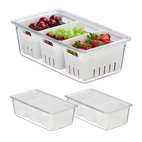 Relaxdays Set Di 3 Organizer Per Frigorifero Contenitori Per Frigo Con Coperchio, Set Da 3, Impilabili, 3 Cestelli Scola Verdure, Box Alimenti, Traspa