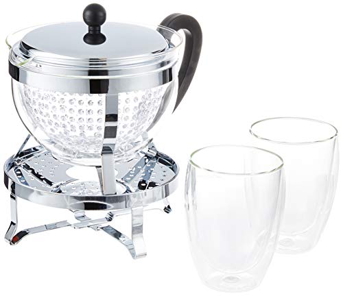 Bodum Chambord Set Teiera Con Scaldavivande Da 1,3 L E 2 Bicchieri A Doppia Parete Pavina Da 0,35 L, Multistrato, Nero, 16.8 X 23.1 X 22.3 Cm