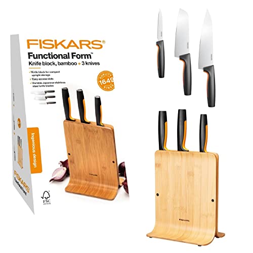Fiskars Ceppo Per Coltelli Di Design In Bambù Con 3 Coltelli, Functional Form, Incl. Spelucchino, Coltello Santoku E Coltello Da Cuoco, Plastica, Bamb