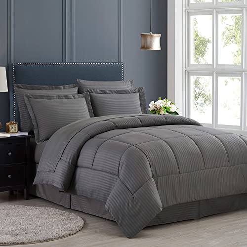 Sweet Home Collection - Lenzuola Con 2 Federe E 2 Federe In Piuma Alternativa Per Tutte Le Stagioni, Colore: Grigio Dobby