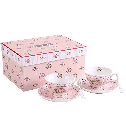 London Boutique Set Di 2 Tazze Da Caffè E Piattini Vintage Flora Rose Lavanda In Porcellana (Rosa Rosa Rosa 2 Pezzi)