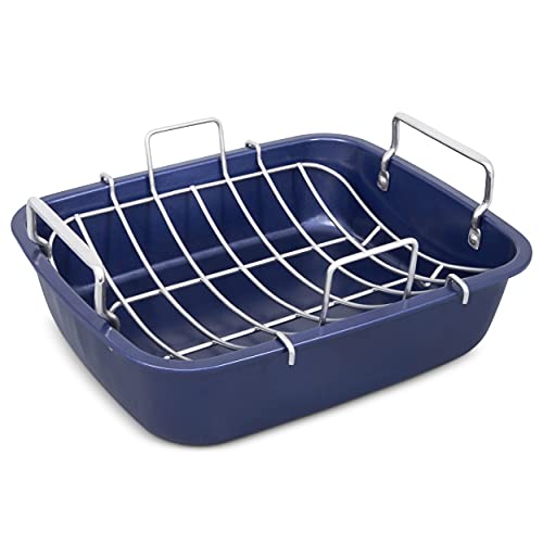 Zyliss E980206 Teglia Per Arrosto Antiaderente Con Griglia, Acciaio Al Carbonio, Blu Scuro, Rostiera Rettangolare Per Cucinare Al Forno, Lavabili In L