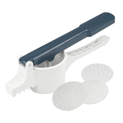 Fackelmann Schiaccia Patate, Linea Easy Prepare, Con 3 Dischi Di Acciaio Dotati Di Fori Diversi, 35X12X42,5Cm, Colore: Blu Scuro E Bianco