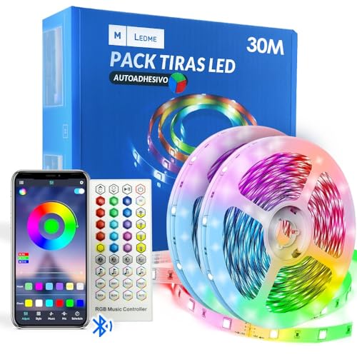 M Ledme - Striscia Led Rgb, Luci Led Camera 30 Metri Con App, Bluetooth Musical, Adesivo, Telecomando E Adattatore Di Alimentazione, Chip 5050, Multic