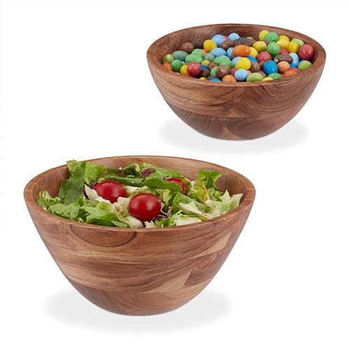 Relaxdays Set Di 2 Ciotola Da Portata, Set 2 Insalatiere, Ø 18 E 25 Cm, Scodella In Legno Acacia, Bowl Tavola E Cucina, Marrone, Gomma