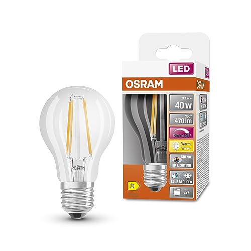 Osram Lampada Led Superstar+ Classic A Fil 40, E27, Goccia, 3.4W, 470Lm, 2700K, Luce Bianca Calda, Componente Blu E Affaticamento Visivo Notevolmente