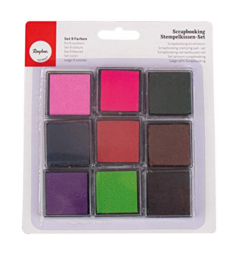 Rayher Hobby 7854149, Tamponi Inchiostro, Timbro Inchiostro, Set 9 Colori Assortiti, Scrapbooking, 3.5 Cm X 3.5 Cm