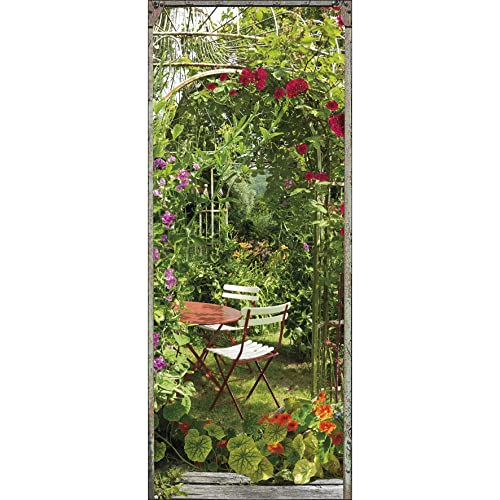 Trompe L 'Oeil Porta Autoadesiva In Polivinile Giardino Pieno Di Fiori, Wall Art, Colorato, 83 X 0.1 X 204 Cm