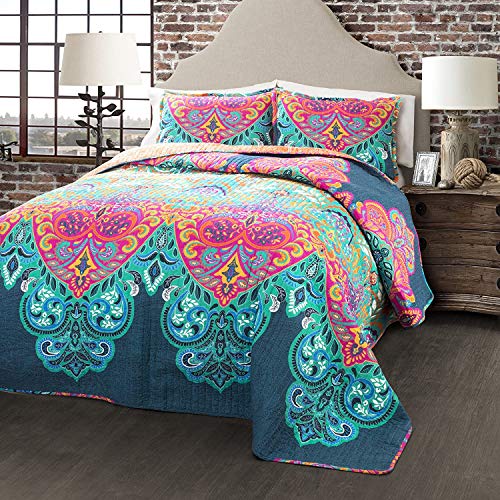 Lush Decor 3 Piece Boho Chic Quilt Set, King, Turquoise/Navy