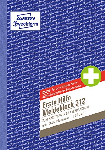 Avery Zweckform 312 - Bloc-Notes Per Primo Soccorso, Formato A5, 50 Fogli, Bianco