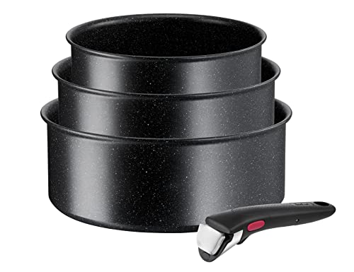 Tefal Ingenio Black Stone L39996 - Set Di 4 Casseruole, Impilabili, Rivestimento Antiaderente, Adatto A Induzione, Indicatore Di Temperatura Del Segna