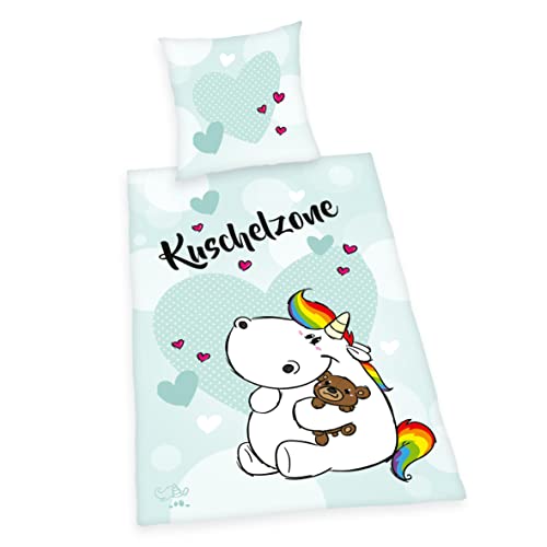 Herding Set Biancheria Da Letto Pummeleinhorn "Kuschelzone", Federa 80 X 80 Cm, Copripiumino 135 X 200 Cm, Con Cerniera Scorrevole, 100% Cotone Renfor