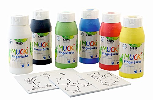 Kreul 29150-Vernice Mucki, Power Pack, Mostrami Il Mondo Dei Colori, 6 Vernici A Dita Da 750 Ml E 20 Modelli Di Pittura, Multicolor, 6 X 750 Ml