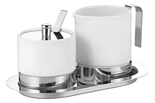 Esmeyer Adam - Set Per Zucchero E Schiuma Latte Da 5 Pezzi Adam, In Porcellana Bianca E Acciaio Inox, Set Composto Da: Lattiera Per Schiuma Latte 0,25