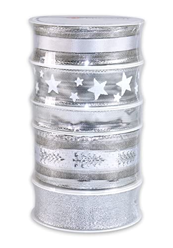 Präsent Natale Nastro Raso Argento, 5 Rocchetti Con Nastri In Vari Colori, Lungh. 3 M, Largh. Diverso, Nastri Decorativi Tessuto Per Fiocchi E Decoraz