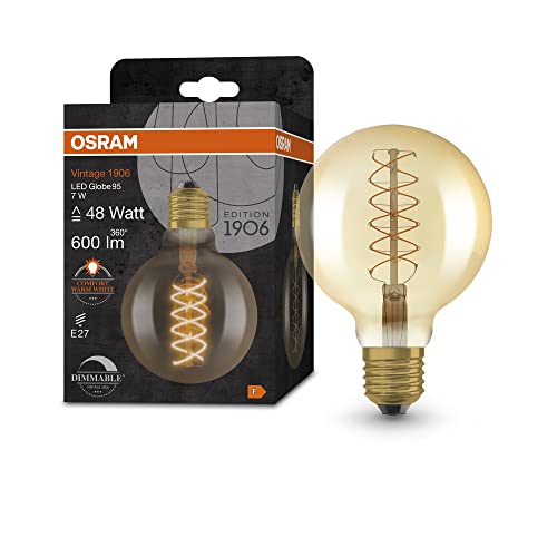 Osram Lampada Led Vintage 1906 Vetro Dorato, 7W, 600Lm, Forma Globo Con Diametro 95Mm E Attacco E27, Luce Bianca Calda, Filamento A Spirale, Dimmerabi