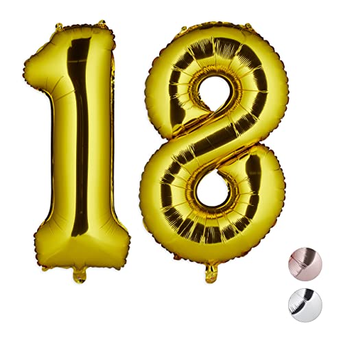 Relaxdays Palloncini In Foil A Forma Di Numero 18, Per Compleanni, Ad Aria E Ad Elio, Xxl, Pellicola, Gold, H X B X T: Ca. 85 X 50 X 17 Cm