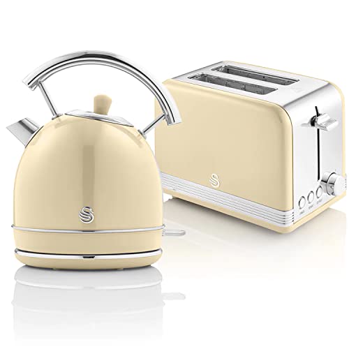 Swan Retro Colazione Set 1,8 L Bollitore Senza Fili Con Elemento Riscaldante In Acciaio Inox, Tostapane A Fessura Larga 2 Fette, Regolatore Di Tostatu