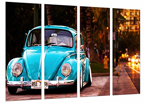Quadro Su Legno, Wolkswagen Vintage Blue, Beetle Car, 131 X 62Cm, Stampa In Qualita Fotografica. Ref. 26715